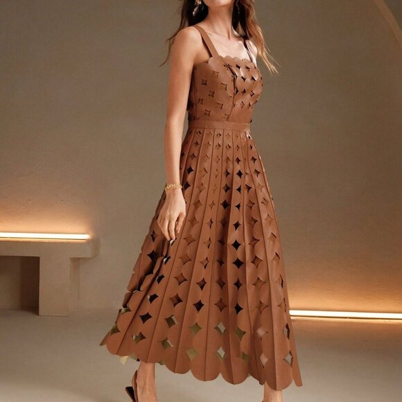 Khaki Elegant Women's Faux Leather Laser Party maxi Dress - Picture 6 of 7